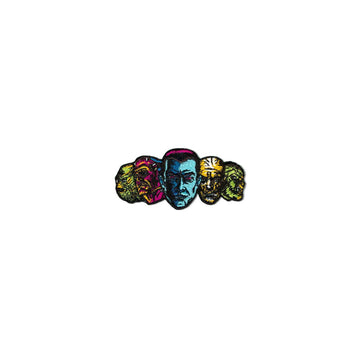 An embroidered patch featuring iconic Universal Monsters including Dracula, The Mummy, The Creature from the Black Lagoon, Frankenstein, and the Wolfman.